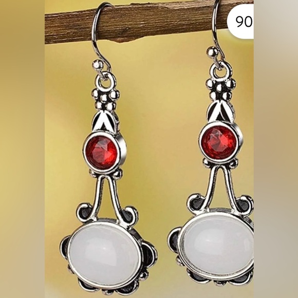 Moonstone And Ruby Silver Romantic Drop Earrings - Picture 4 of 13